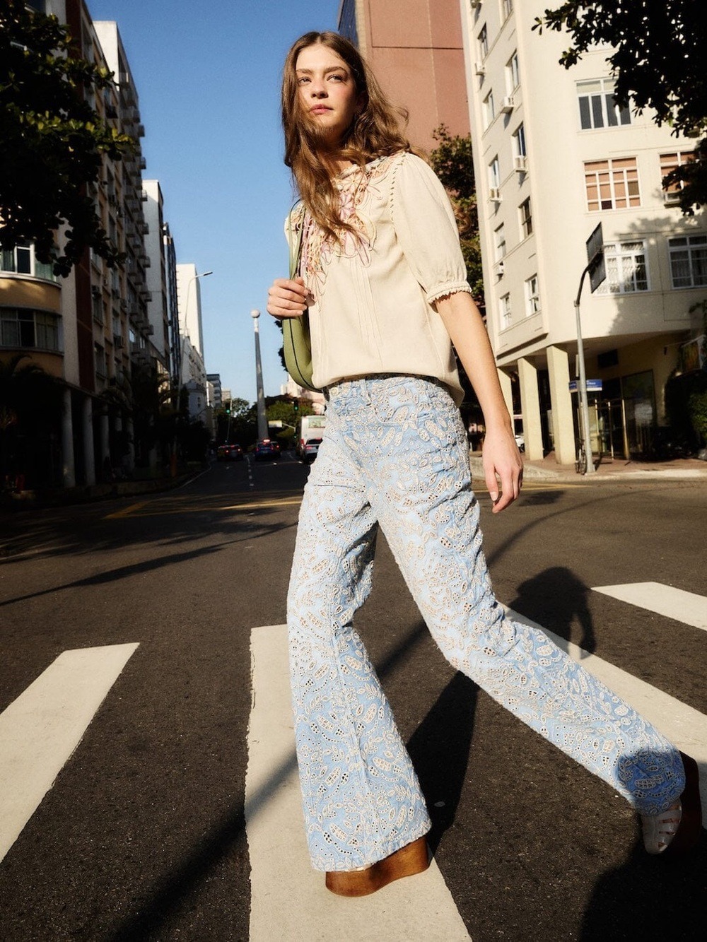 Farm Rio Denim Eyelet Pockets Flare Pants